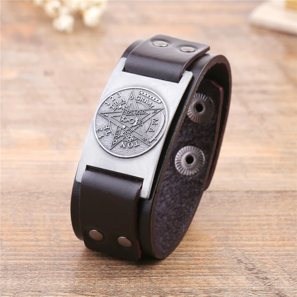 Leather Braided Bracelet Leather Bracelet My shape Tetragrammaton Pentacle Pentagram Leather Bracelet Bangles Men Gift Amulet Wiccan Talisman Pendants Vintage Jewelry