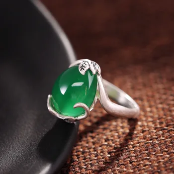 

990 sterling silver rings, ladies open, inlaid with green jewelry, retro lotus, Handmade Silver Ring Gift