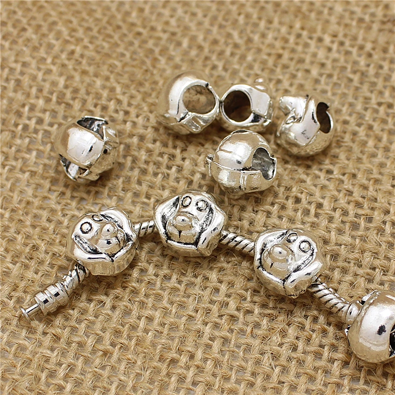 

PULCHRITUD 30pcs/lot 11*11*12mm Antique Silver Metal Zinc Alloy single face big Hole dog Animal Beads For Bracelets Making T0548