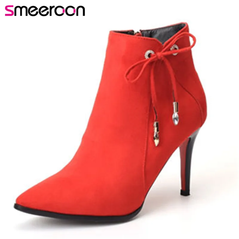 

Smeeroon pointed toe autumn winter boots super high heels women boots zip ankle boots for women prom shoes big size 33-40
