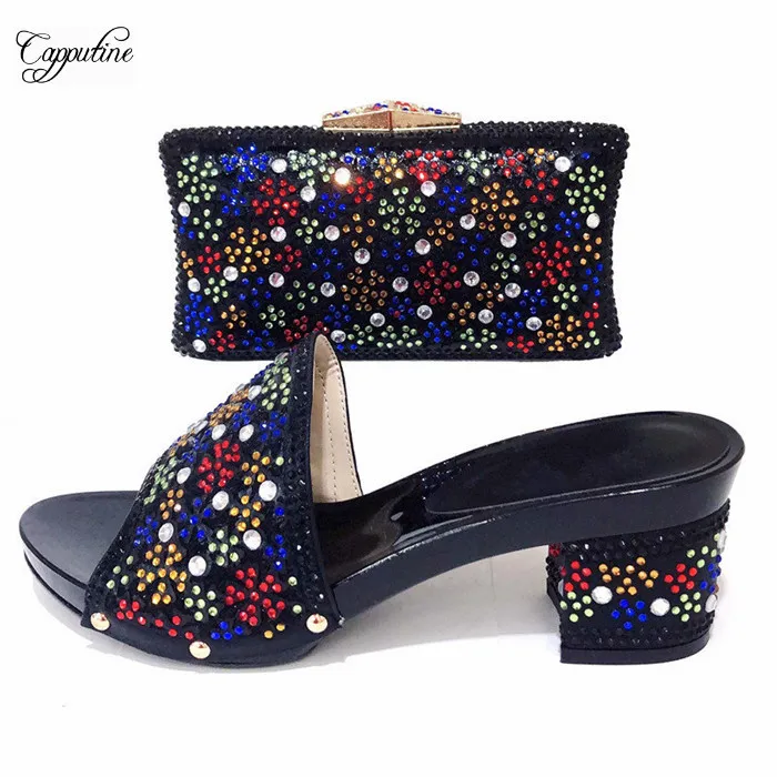

Graceful black with shinning stones high heel slipper shoes and evening purse bag set CSB14 size 37-43