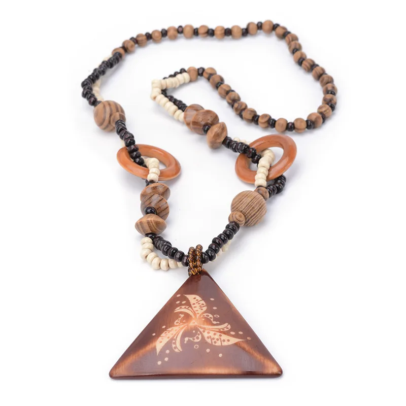

MANXIUNI Wood triangular hand carved fireworks texture Long Sweater Chain Pendant Necklace Women Office Lady Jewelry Bijoux Gift