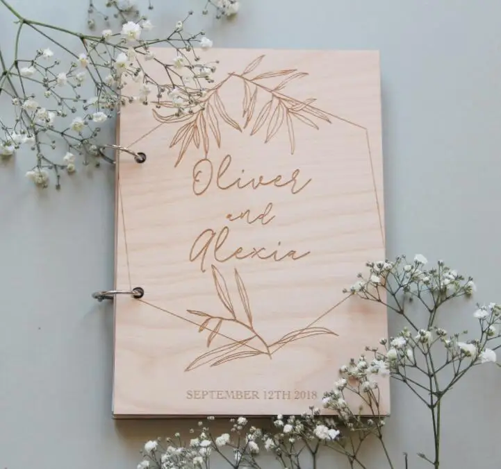 

personalized Botanical Wedding Minimal Wood memory guestbooks engagement Wooden photo Albums signature Sign in Guest Books