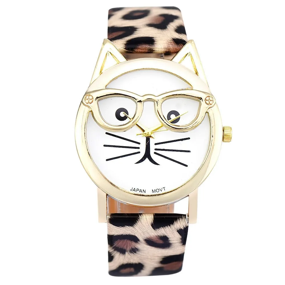 Leopard белый черный ремешком Cat Стекло циферблат кожа смотреть Повседневное женское платье коробки кварцевые часы kids2018