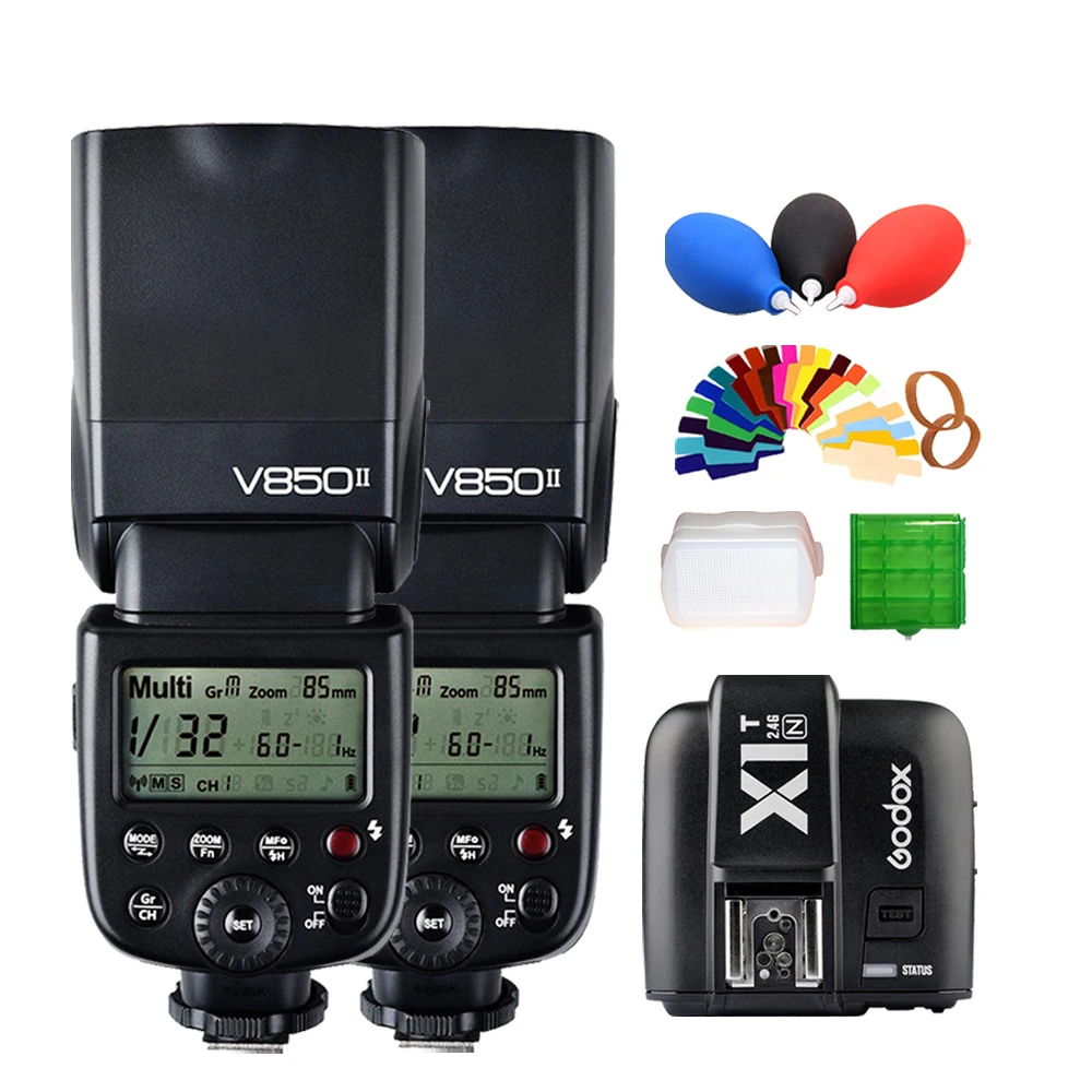 

2* Godox V850II GN60 w/ 2000mAh Li-ion Battery 2.4G Wirless X System Speedlite Flash Light + X1T-N Trigger Transmitter for Nikon