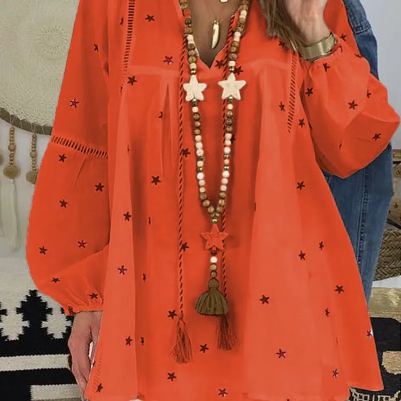 2019 European and American women's blouse V-neck long-sleeved shirt lace stitching hollow printed shirt women