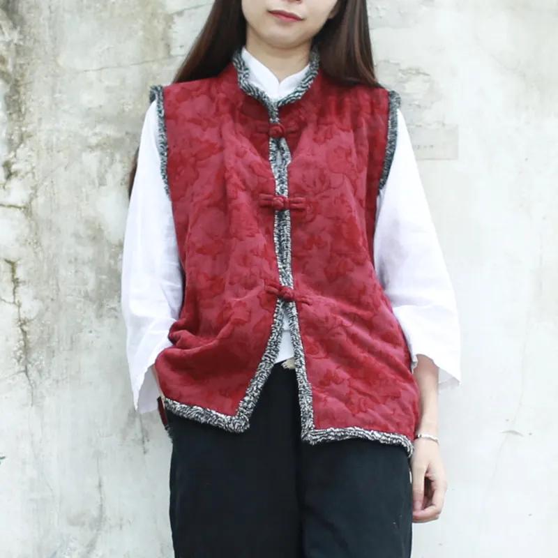 Традиционный китайский женский жилет, жаккардовый хлопковый жилет с имитацией овечьей шерсти, меховой жилет, зимнее пальто Colete Gilet Veste Femme - Цвет: deep red