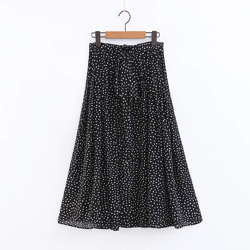 

BBWM WOMAN Retro Fashion Polka Dot Print Pleated Skirts Buttons Natural Waist Women Long Skirt Casual Jupe Femme
