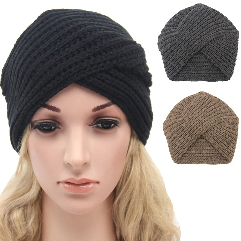 

Solid Color Turban Hat Woman Warm Knitted Wool Beanie Autumn Winter Hats For Women Ladies Crochet Twist Cap Headwrap