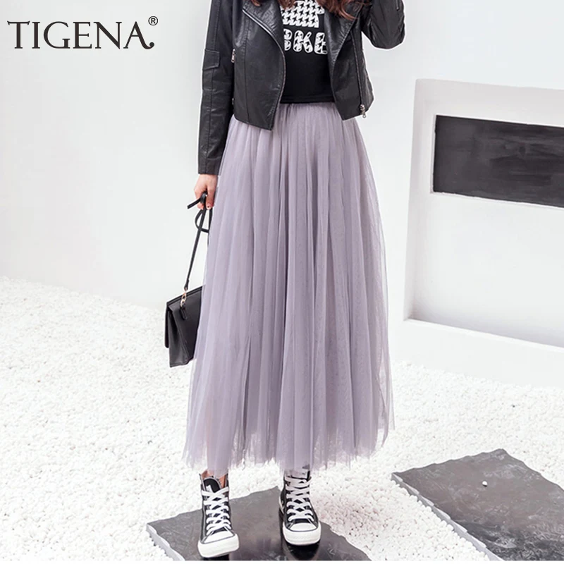 

TIGENA Maxi Tulle Skirt Women 2019 Summer Fashion High Waist Pleated Long Skirt Female Black White Gray Mesh Skirt School Sun