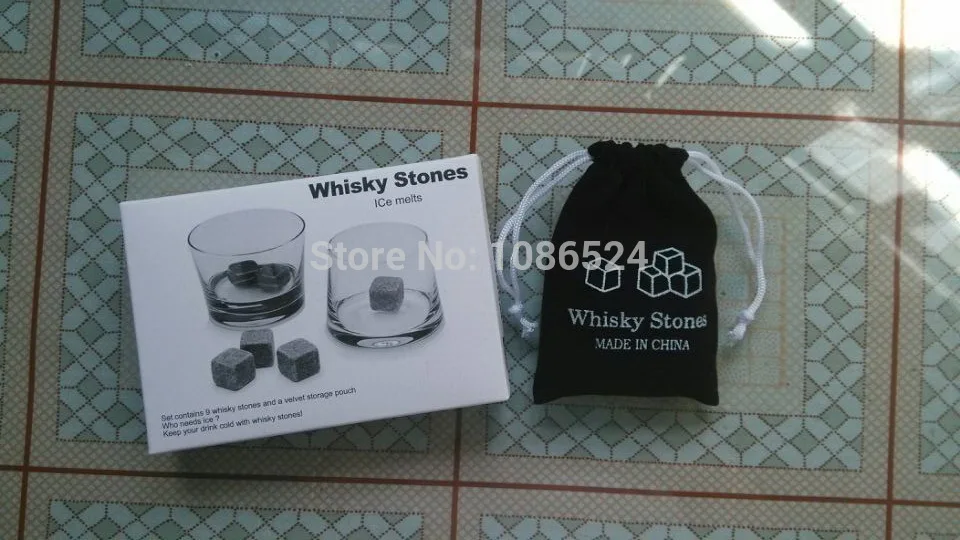50 компл./лот(1 комплект = 9 шт.) камни для виски с нежным коробка+ бархатный мешок для охлаждения виски "rock stone", пива, камень hh04