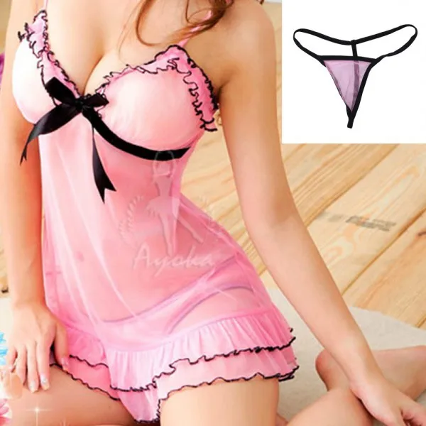 

Sexy Ladies Pink Lace Babydolls Bowknot Perspective Nightdress With Lingerie Babydoll Set Sleepwear G-string Lingerie