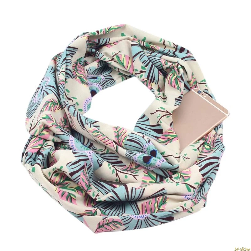 

Womens Double Layer Secret Hidden Zipper Pocket Infinity Loop Scarf Boho Style Floral Geometric Printed Winter Ring Blanket