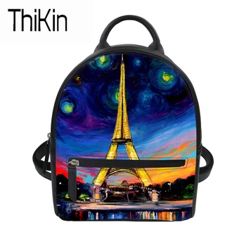 

THIKIN Backpack Female Teenager Girls Schoolbag Eiffel Tower Printing Women Small Pu Leather Backpack Lady Shoulder Bag Mochilas