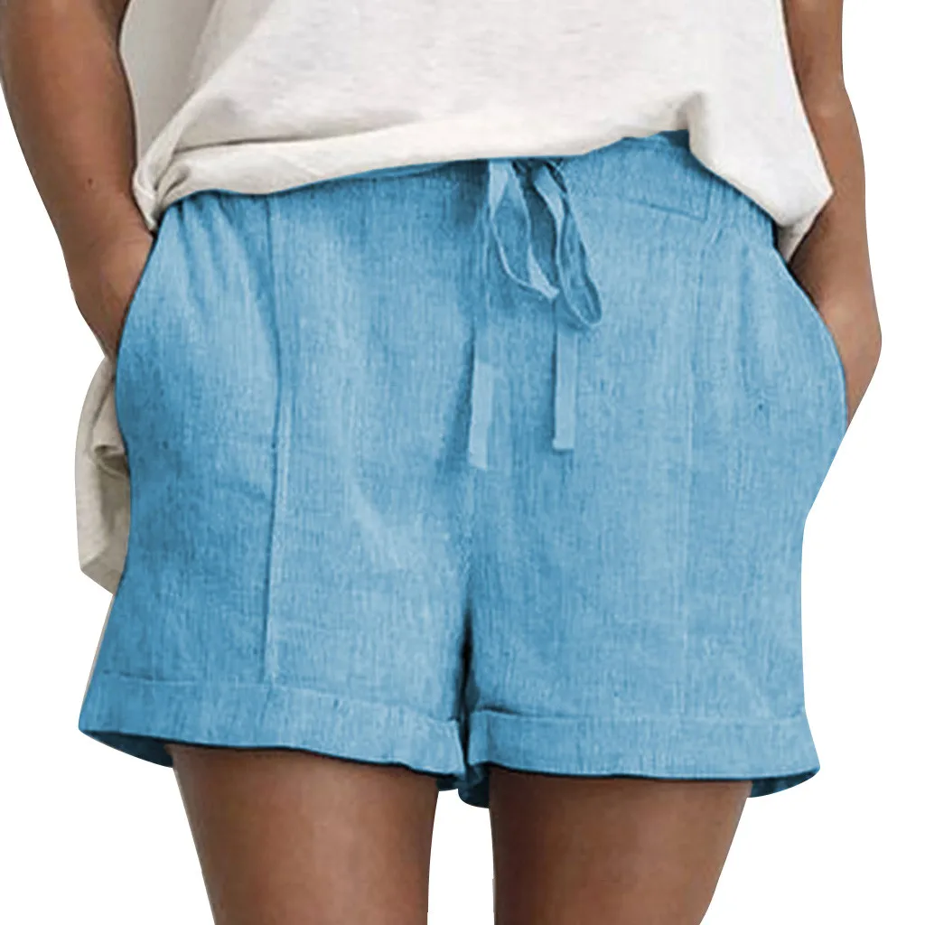 

Women Cotton And Linen Shorts Fashion Women's Solid Lace Up Pockets Casual Short Summer Beach Elastic Waist short feminino@30