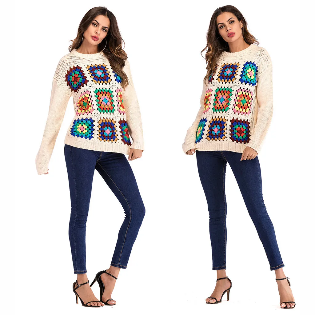 

2019 Spain Desigu style multi type elastic long sleeved single collar Winter Color Patchwork O-neck Sweaters Fashion_3.25