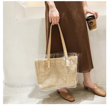 

New women Handbag Totes Vintage Retro Beach bag PVC+Straw Totes Rope Knitted big Messenger Bag Lady Fresh Paper pack for Summer