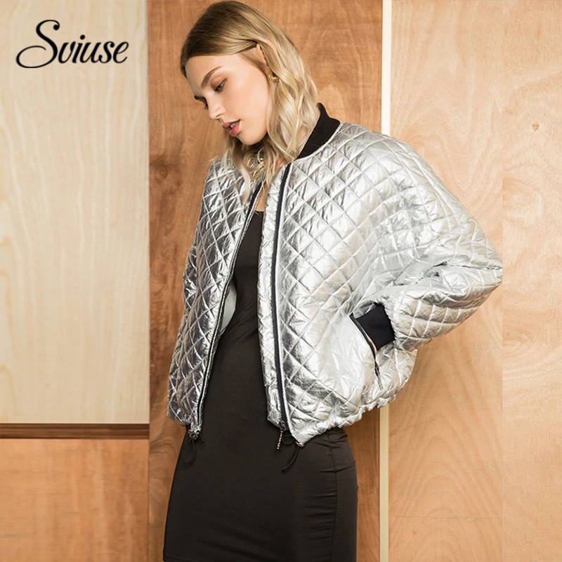 Women Silver Winter Bomber Jacket Fashion Long sleeve Zipper Thick Warm