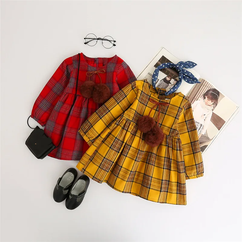 Платье с длинными рукавами для девочек; осенние платья; одежда для детей; винтажное платье принцессы в клетку с меховым бантом; Дизайнерская одежда для девочек