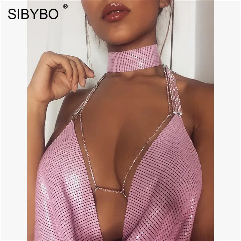  Sibybo Sexy Metal Crop Tops Women 2019 Backless Bralette Tops Summer Beach Party Club Women Sequin 