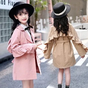 

2018 Girl Autumn Clothing Lengthen Pure Cotton England Wind Fungus Lace Leisure Time Easy Belt Coat Windbreaker