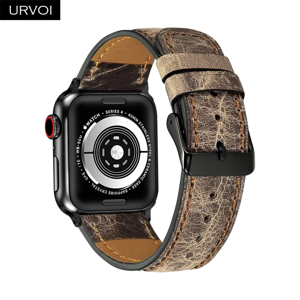 Ремешок URVOI для apple watch series 6 SE 5 4 3 2 удобный браслет из телячьей кожи с черной