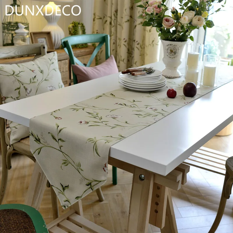 

DUNXDECO Table Runner Blend Table Cover Fabric French Country Style Garden Rose Print Home Party Decoration