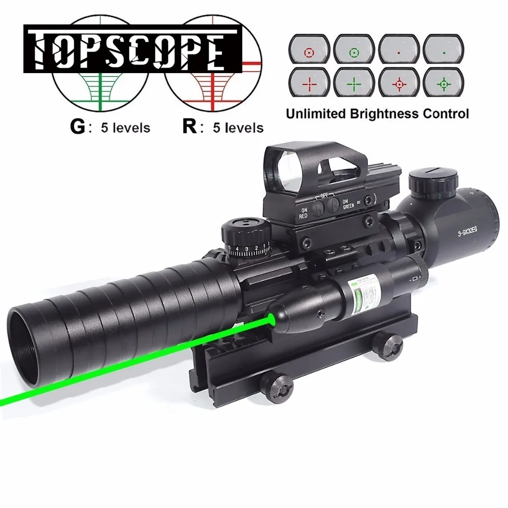 

AR15 Rifle Scope 3-9x32EG Rangefinder Illuminated Reflex Sight 4 Reticle Red&Green Quick Release Red Dot Laser Sight 14 Slot