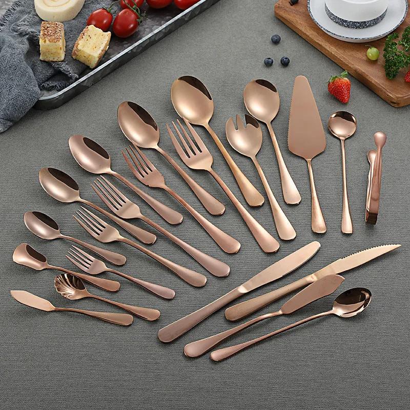 

Rose Gold Tableware Dinner Set Stainless Steel Dinnerware Set Serving Spoon Butter steak Knife Teaspoon Fruit Fork sugar Clip