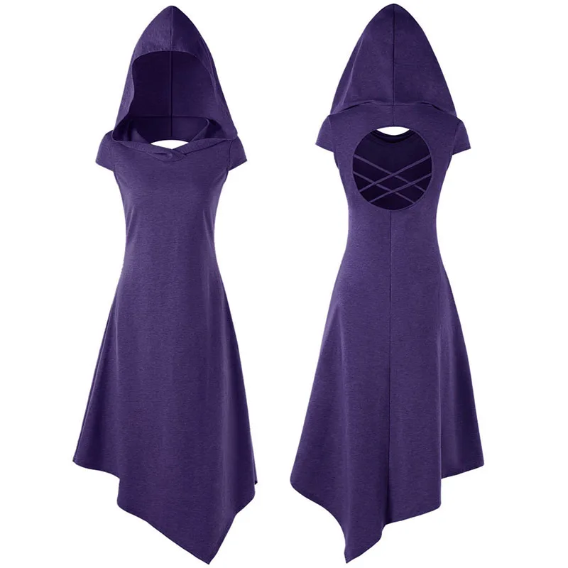 

Gothic Sexy Women Hooded Dress Steampunk Witch Long Irregular Hem Pure Dresses