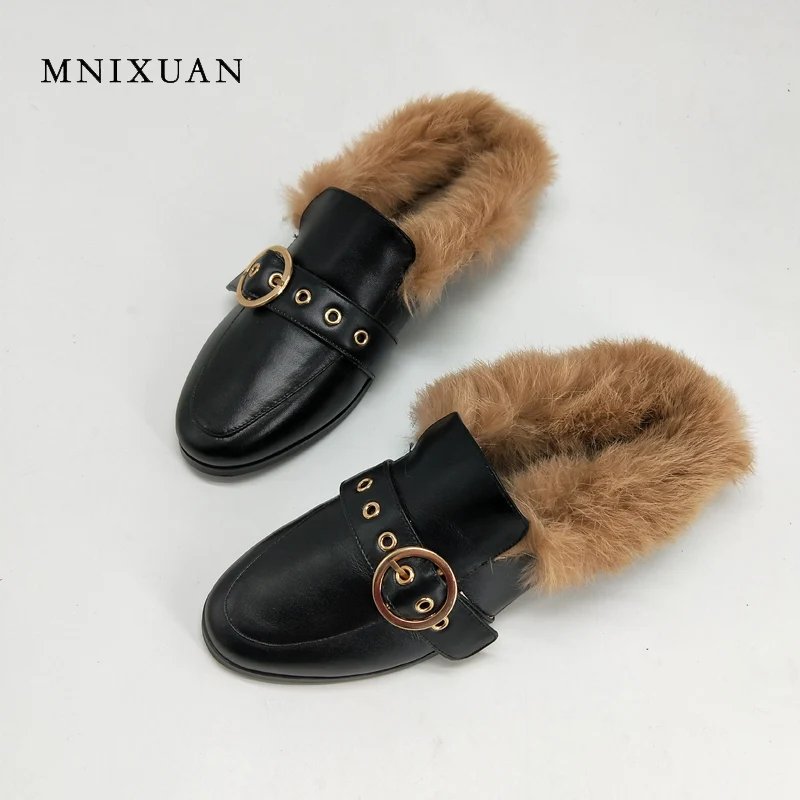 

MNIXUAN Mules shoes women 2017 autumn winter new handmade genuine leather round toe warm plush rabbit fur casual flats big size