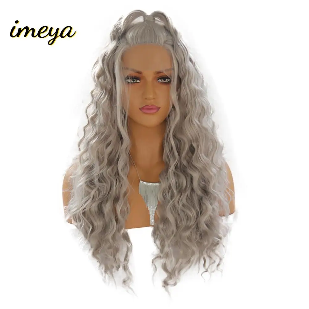 

Imeya Long Grey Color Lace Front Wigs Wave Synthetic With Baby Hair High Temperature Heat Resistant Half Hand Tied For Women