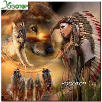 

YOGOTOP DIY Diamond Painting Cross Stitch Kits Indian girl and Wolf 5D Diamond Embroidery Home Decor Full Mosaic crafts QA093