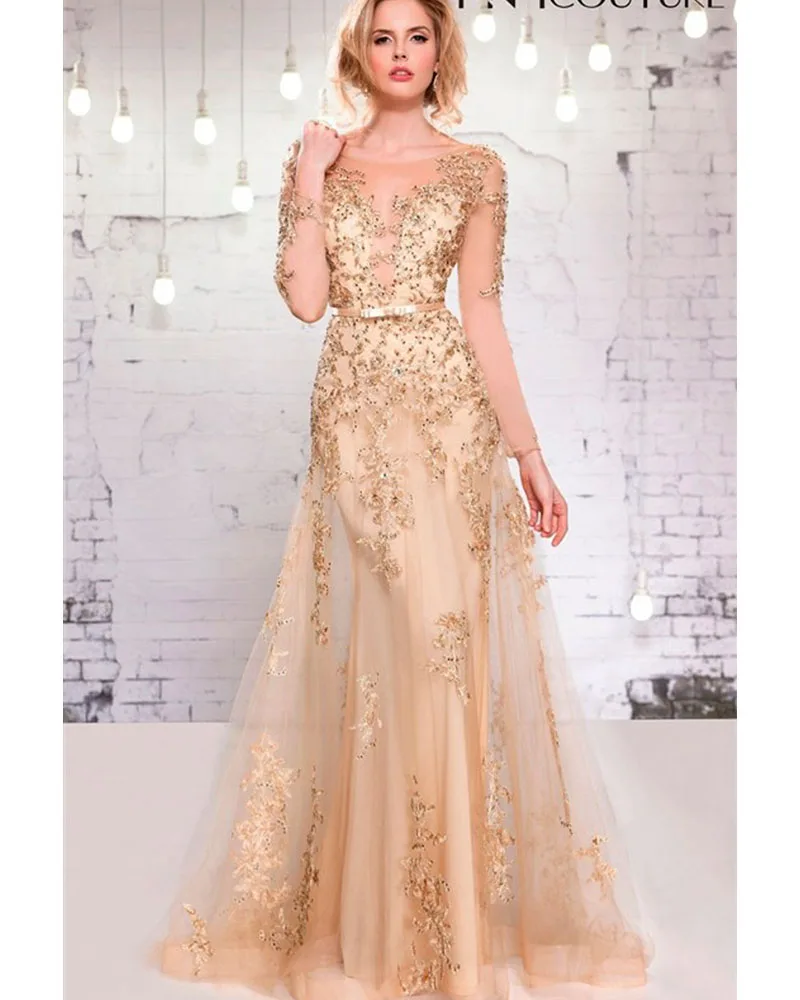 Luxury Champagne Lace Applique Beaded Long Evening Dress Tulle Long Women Formal Party Dress