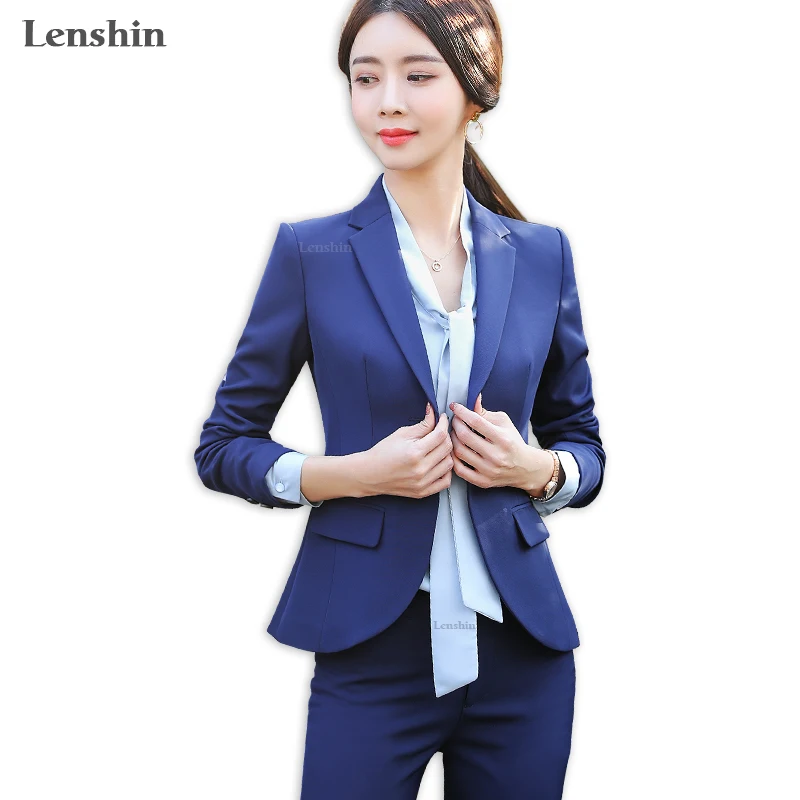 

Lenshin 2 Pieces Set Women Pant Suits Business Office Lady Work Wear Formal Female Two Button Curved Hem Blazer with Pant