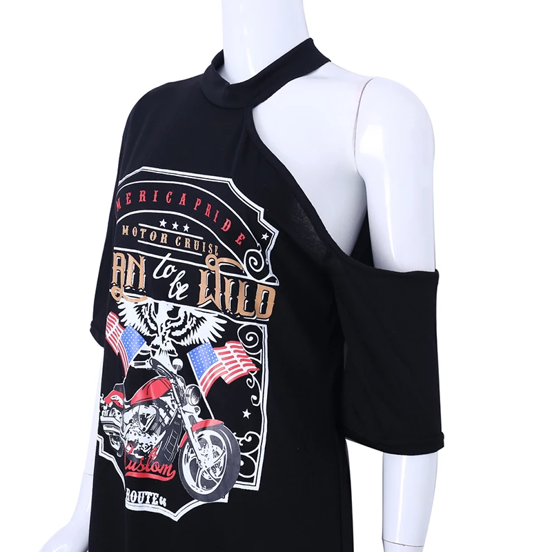 1pcs black Ladies Women Punk Rock Short Sleeve Eagle Print T-Shirt Cut Shoulder Baggy