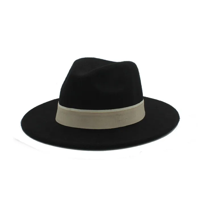 Шерстяная женская мужская фетровая шляпа Федора с широкими полями Chapeu Feminino Jazz Hat для леди Outback шляпы сомбреро размер 56-58 см - Цвет: Black