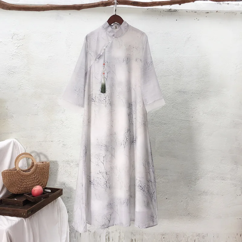 

Chinese-style Printing Bead Buckle Nine-point Sleeves Stand Collar Dress Double-layer A-line Long Retro Women's Clothing