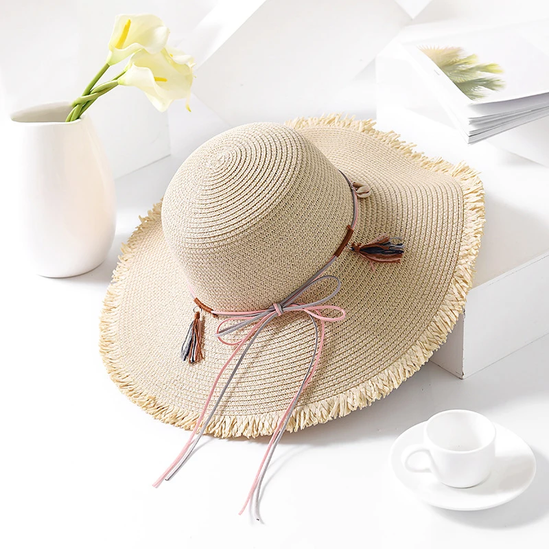 

GEMVIE Chic Bowknot Shell Pendant Ribbon Summer Hat For Women Large Brim Floppy Straw Hats Layies Beach Cap New Sun Hat Panama