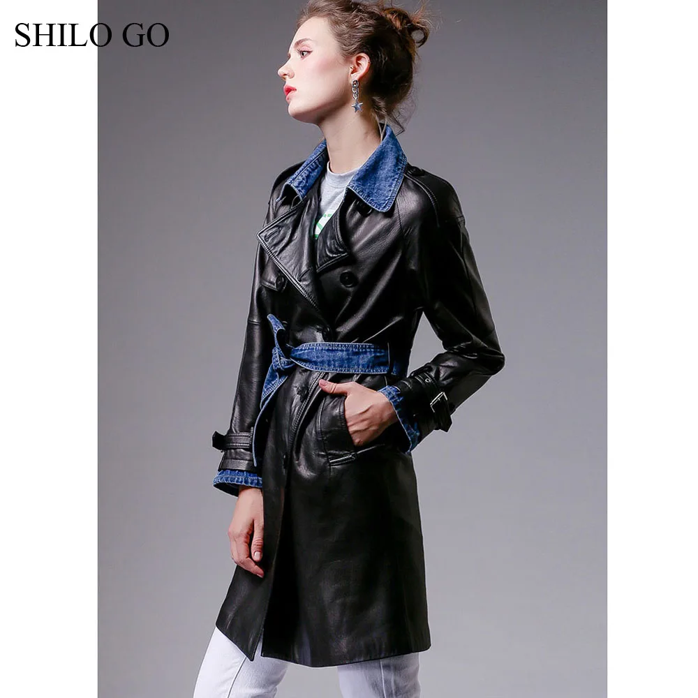 SHILO GO кожаный Тренч Женская Осенняя мода Овчина натуральная длинное кожаное пальто ковбойская лапка двубортный ремень плотное пальто