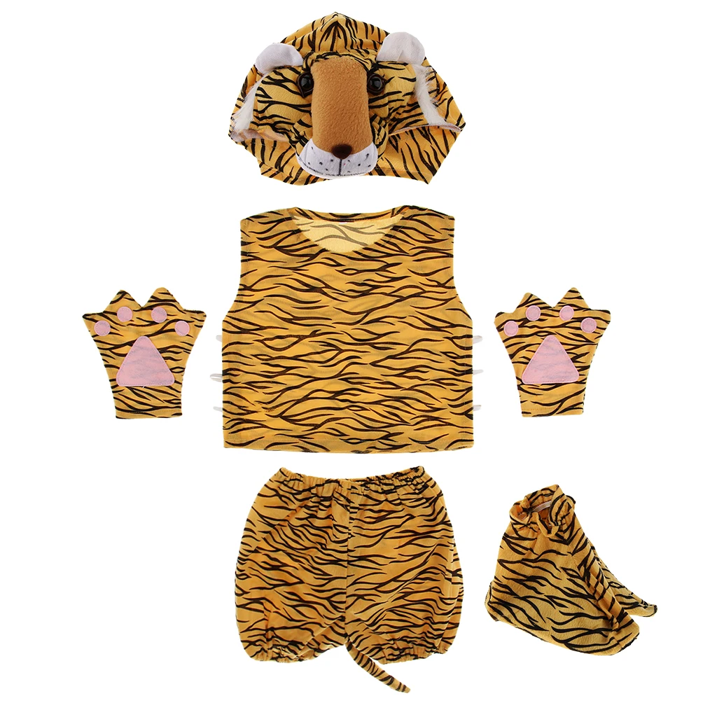 Kids Animal Costume Set Tiger Hat Top Shorts Gloves Shoes Party Halloween