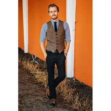 Brown Wool Tweed Vests Slim Mens Suit Vests Custom Made Sleeveless Suit Jacket Men Wedding Mens Dress Groom Men Vests