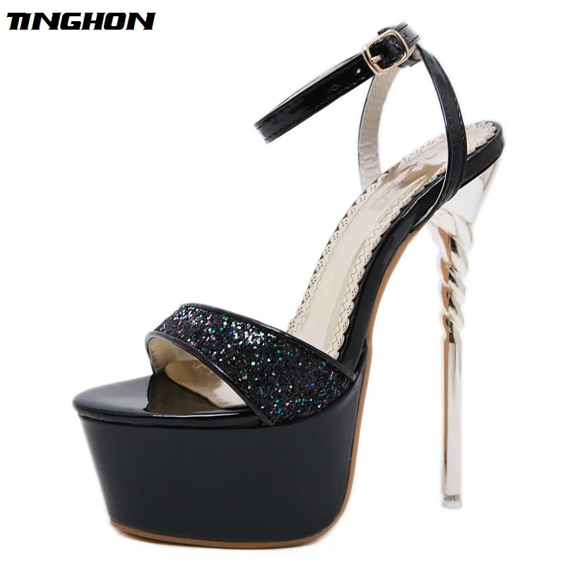 

TINGHON Fashion Summer Sequined Cloth Thin High Heel Sandals Party Shallow Pointed Toe Solid Buckle Strap Open Shoes 35-43