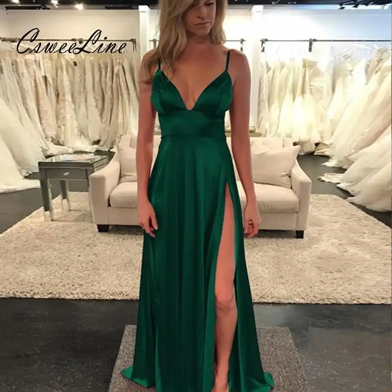 new sexy prom dress spaghetti strap bandage back deep v neck side split green