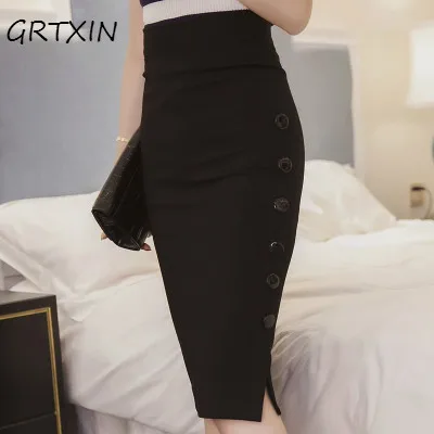 

High Waist Pencil Skirt 5XL Plus Size Tight Bodycon Fashion Women Midi Skirt Red Black Sexy Open Slit Button Slim Pencil Skirt