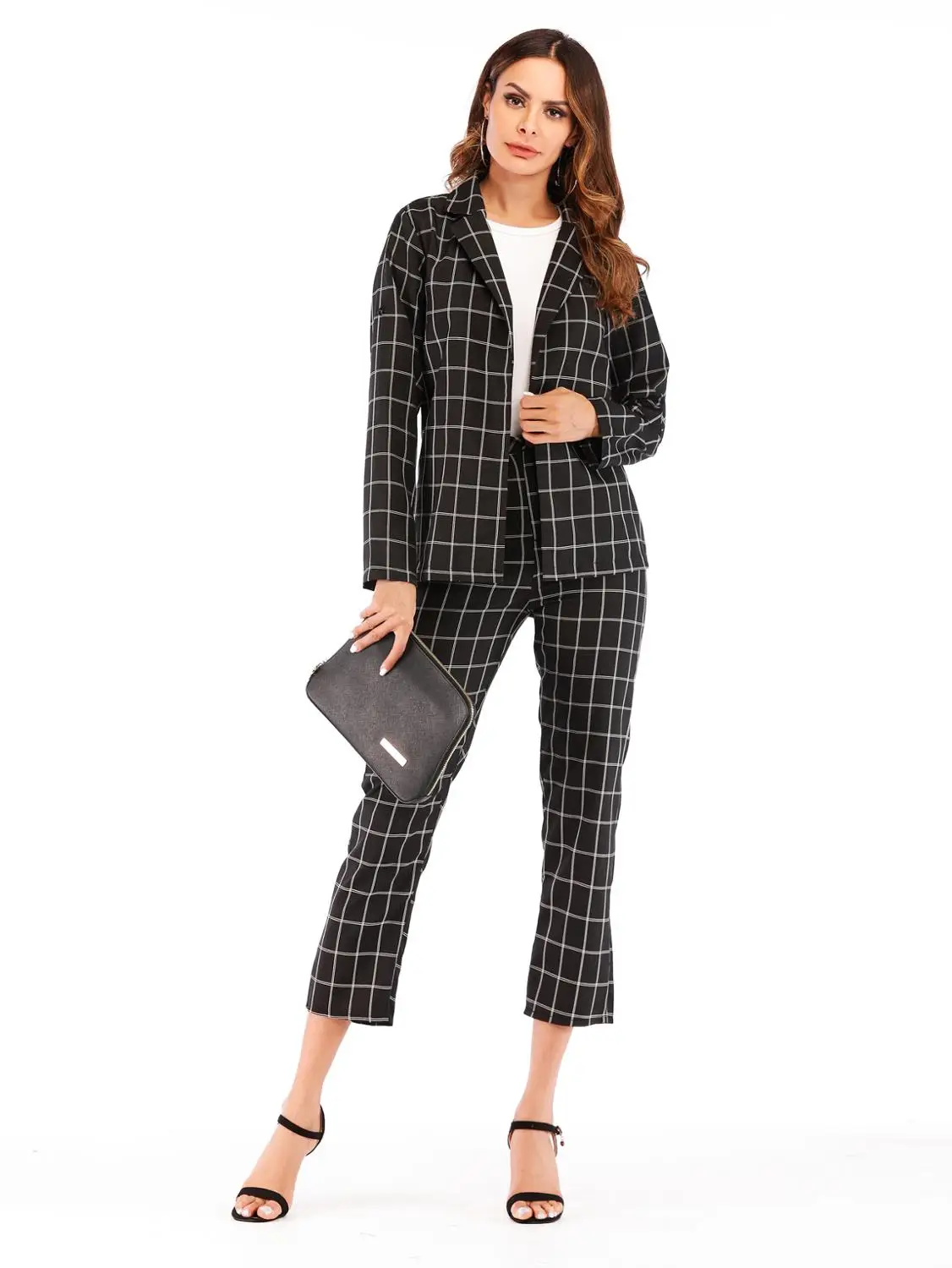 

CBAFU women plaid pants suits office 2 piece set elegant long sleeve turn down collar blazer high waist pants sets OL work P224
