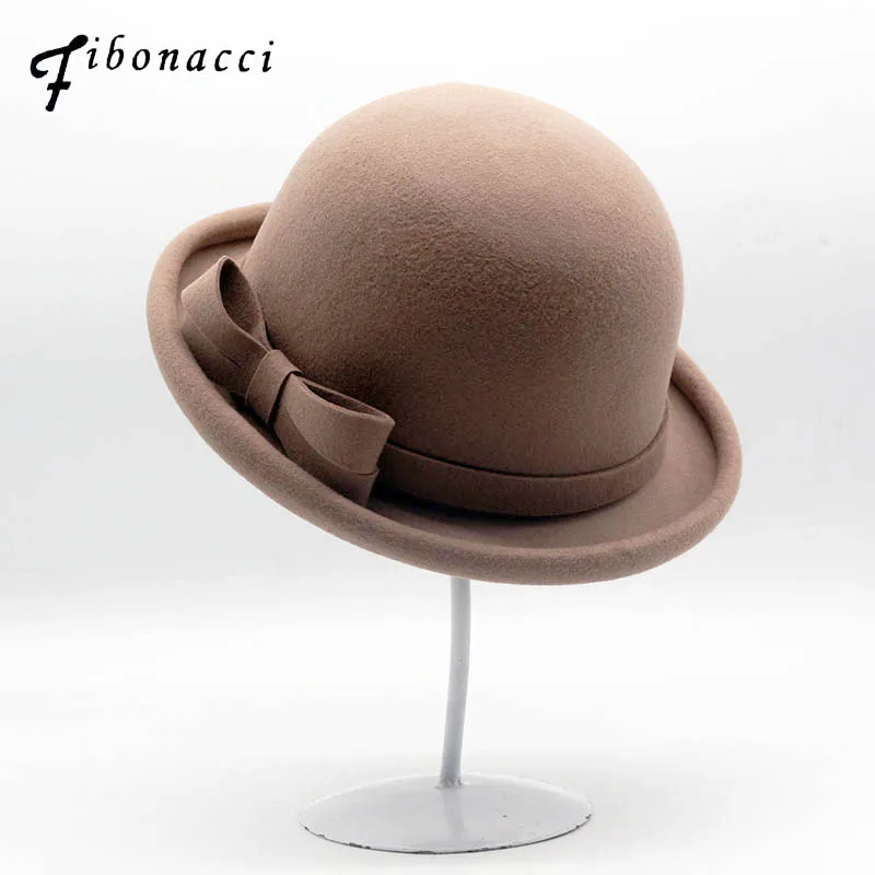 

Fibonacci 2018 New Autumn Winter Trilby Hat Female Mushroom Brim Fedoras Wool Felt Dome Bow Bowler Women Fedora Hats