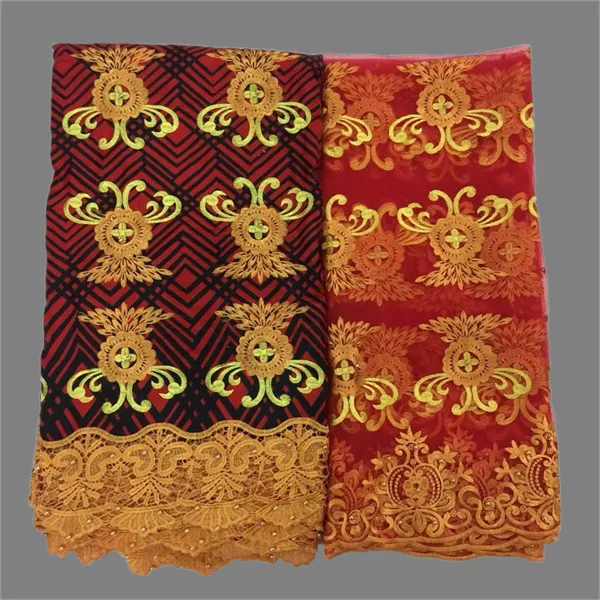 

Gorgeous African real ankara batik wax cord lace fabric(6y) with 2y French tulle net lace fabric WNL28