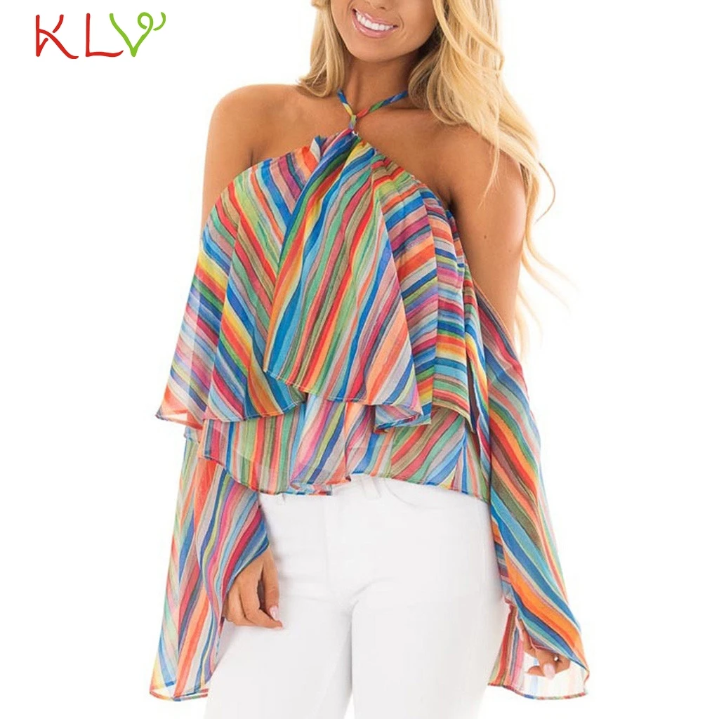 

T Shirt Women Summer Rainbow Striped Off Shoulder tshirt Funny Fashion Camiseta Princesa Basic Tee Mujer Plus Size 2019 19May21