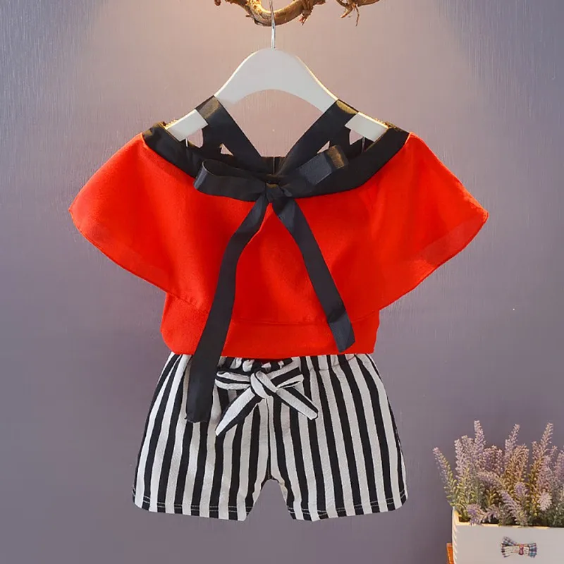 

Summer Baby Girls Clothes Fashion Short Sleeve Off-shoulder T-shirt Tops+Stripe Shorts Suits Casual Outfits Sets 2019